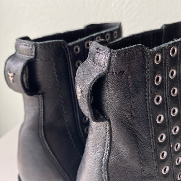 Trask Black Ankle Boots with Silver Eyelet Elastic Gores, Chunky Heel Womens 9.5 - Picture 7 of 13